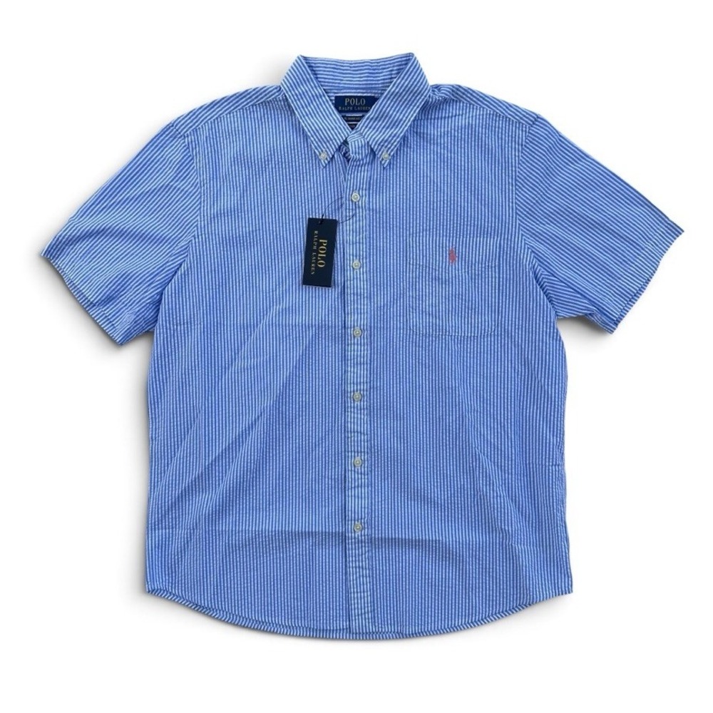 Polo Ralph Lauren Oxford Button Down Shirt Blue Striped Short Sleeve Men's Large